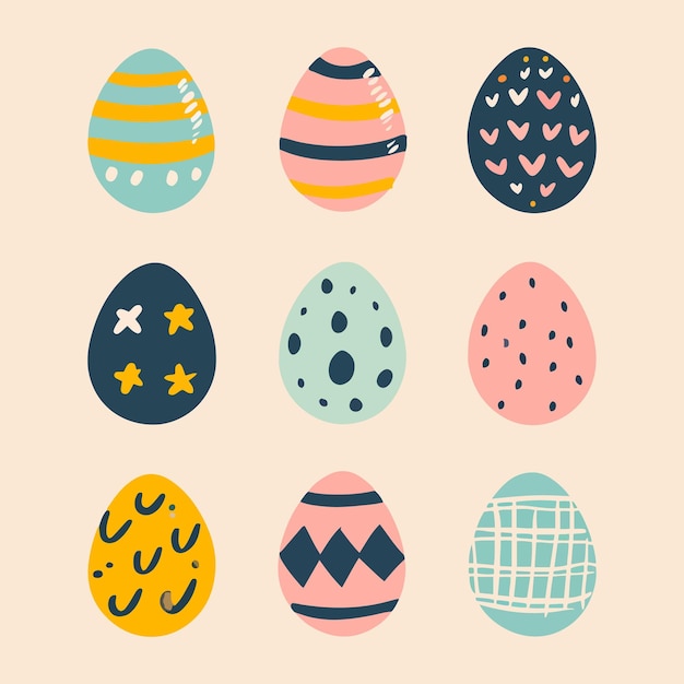 Vector conjunto de diseño plano de huevos de pascua sobre fondo de color suave