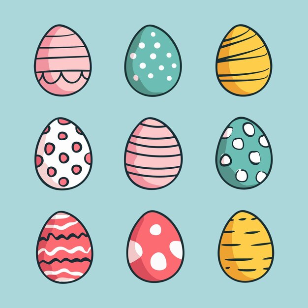 Conjunto de diseño plano de huevos de pascua sobre fondo de color suave