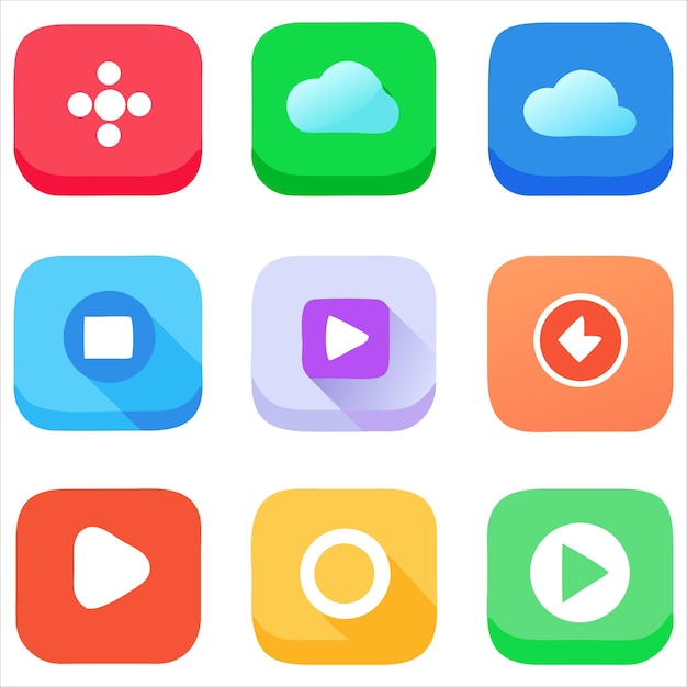 Conjunto de diseño plano minimalista de 7 íconos de aplicaciones vibrantes con un aspecto limpio y moderno