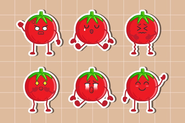 Conjunto de diseño plano de pegatinas de personajes de tomate aislado vector premium