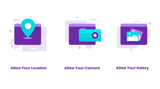 Conjunto de diseño plano de permitir ubicación, cámara, galería. ilustraciones para sitios web, páginas de destino, aplicaciones móviles, carteles y pancartas.