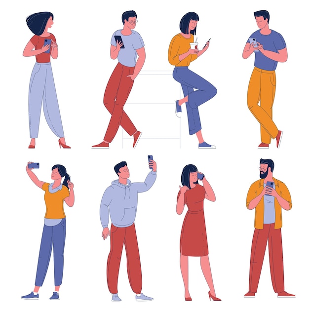 Vector conjunto de diseño plano de personajes de hombre y mujer con teléfonos inteligentes. personas con personajes de dibujos animados de teléfonos móviles aislados sobre fondo blanco.