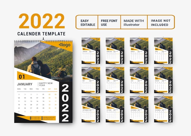 Conjunto de diseño de plantilla de calendario de pared 2022