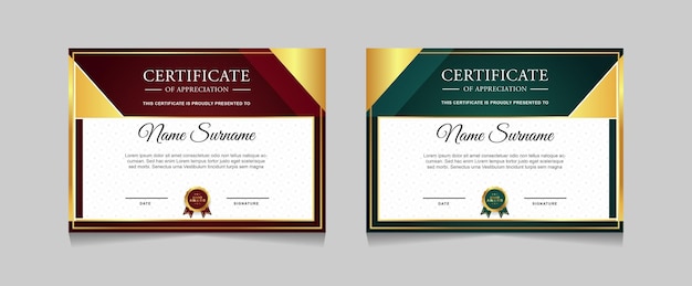 Conjunto de diseño de plantilla de certificado con elemento dorado de lujo