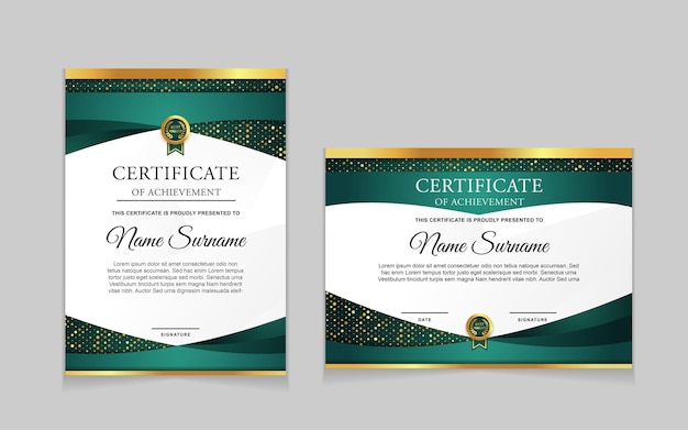Conjunto de diseño de plantilla de certificado con formas modernas verdes y de lujo
