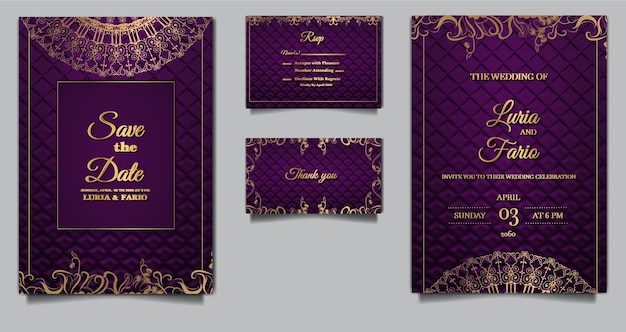 Conjunto de diseño de plantilla de papel en relieve de tarjeta de invitación de boda de lujo
