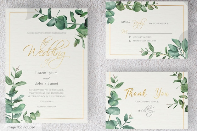 Conjunto de diseño de plantilla de tarjeta de invitación de boda de vegetación de hojas de eucalipto