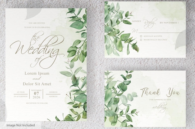 Conjunto de diseño de plantilla de tarjeta de invitación de boda de vegetación de hojas de eucalipto