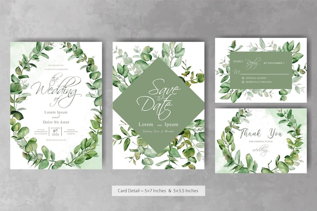 Conjunto de diseño de plantilla de tarjeta de invitación de boda verde con hojas de eucalipto