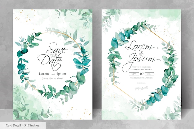 Conjunto de diseño de plantilla de tarjeta de invitación de boda verde con hojas de eucalipto