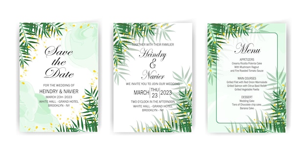 Conjunto de diseño de plantilla de tarjeta de invitación de boda verde de hojas tropicales con acuarela.