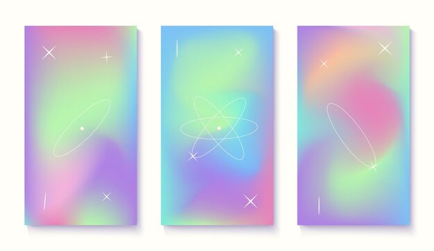 Conjunto de diseño de plantillas verticales de gradiente holográfico para publicaciones en redes sociales y pancartas de historias
