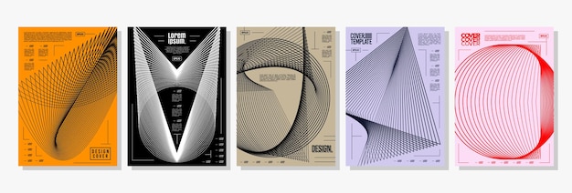 Conjunto de diseño de portada abstracto de línea de franja de movimiento plana detallada