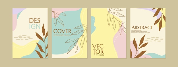 conjunto de diseño de portada de estilo boho estético. diseño de hojas dibujadas a mano con dibujo abstracto de color pastel.