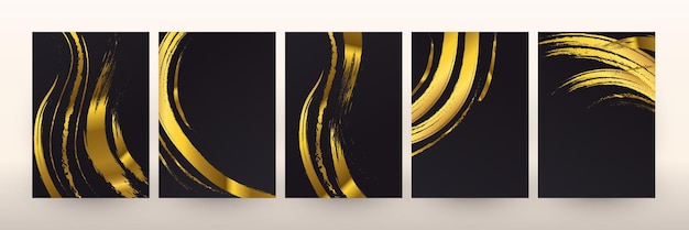 Conjunto de diseño de portada de lujo y de primera calidad con fondo negro y textura de pincel dorado adecuado para la tarjeta de invitación y la plantilla de menú