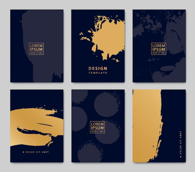 Conjunto de diseño de portada negra de arte vectorial Patrones dorados creativos con pinceladas pintan manchas grunge sobre fondo negro Fondos artísticos para folleto de póster de volante de cuaderno