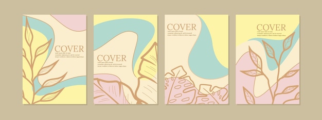 conjunto de diseño de portada de patrón de arte de línea de hoja. fondo floral abstracto dibujado a mano. Tamaño A4 para cuadernos