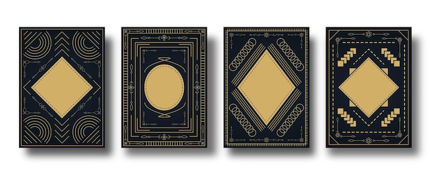 Vector conjunto de diseño de portada vintage plantilla de patrón de grabado dorado con espacio de copia para cuaderno anual bloc de notas folleto diario de cuaderno impresión gráfica art deco para portadas de revistas folleto tarjetas de diario