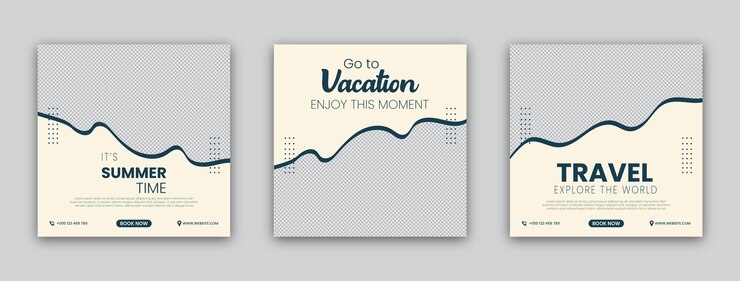 Vector conjunto de diseño de póster de viaje con banner de plantilla promocional de redes sociales para las vacaciones de verano