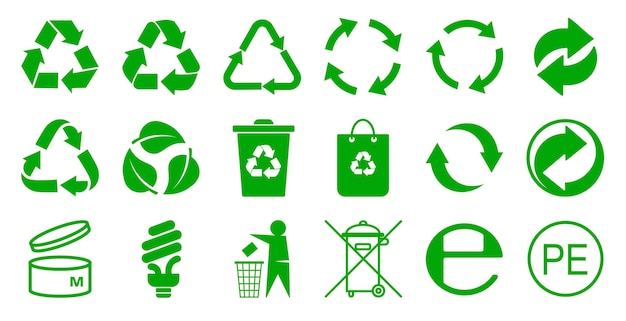 Conjunto de diseño de productos de embalaje símbolo de reciclaje de color verde y signo de reciclaje aislado sobre fondo blanco