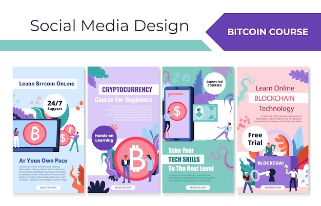 Conjunto de diseño de redes sociales para curso de bitcoin en línea