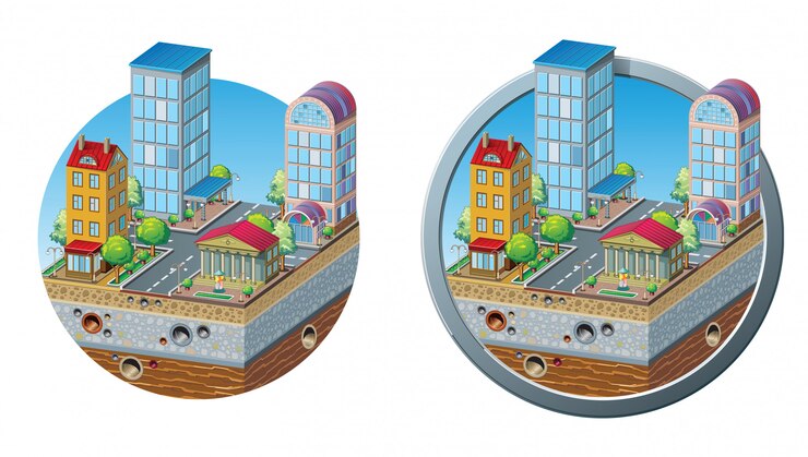 Conjunto de diseño seccional de un barrio residencial, presentación de un arquitecto: varios edificios, árboles, una fuente, una carretera, una intersección, una alcantarilla y un desagüe subterráneo.