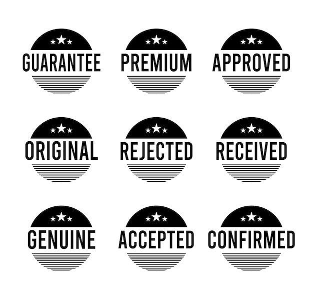 Conjunto de diseño de sello calidad premium garantizado aprobado agotado pospuesto confirmado genuino o