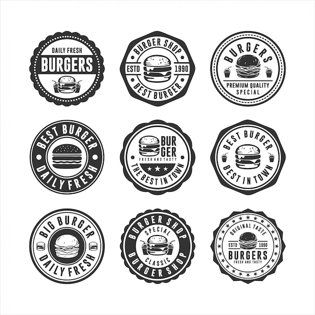 Conjunto de diseño de sellos de hamburguesa de insignia