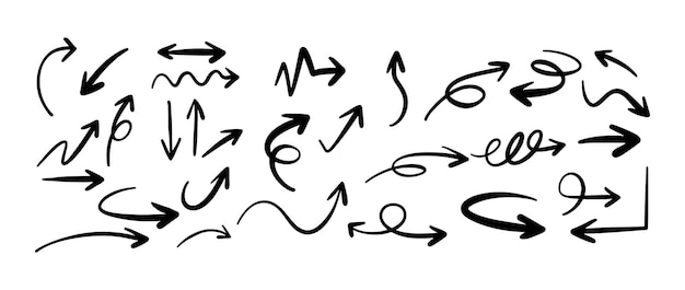 Conjunto de diseño de símbolo de flecha aislado sobre fondo blanco Colección de elementos dibujados a mano de croquis de flecha Ilustración vectorial