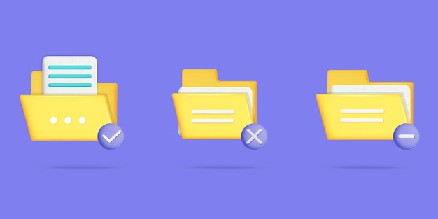 Conjunto de diseño de símbolos de carpeta de archivos de computadora. Carpeta con icono de marca de verificación y cruz. Archivo digital