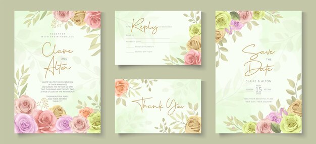 Vector conjunto de diseño de tarjeta de boda con hermosas rosas.