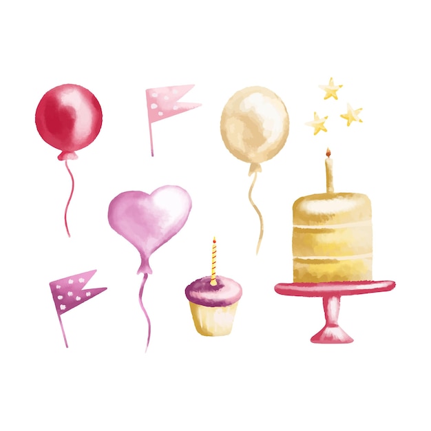 Conjunto de diseño de tarjeta de felicitación de cumpleaños de acuarela Ilustración vectorial
