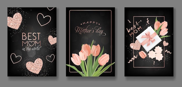 Vector conjunto de diseño de tarjetas de felicitación del día de las madres. folleto de feliz día de la madre con flores, regalos y corazones de brillo dorado para póster, pancarta, invitación. ilustración vectorial