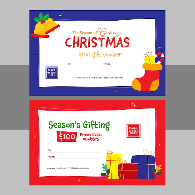 Conjunto de diseño de vales de regalo de Navidad con Jingle Bell, calcetín de lana, bayas de acebo, bastón de caramelo y cajas de regalo ilustración
