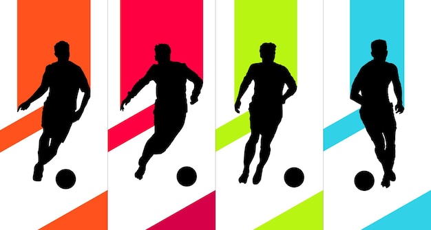 Vector conjunto de diseño de vector plano de siluetas de jugadores de fútbol regateando partidos de fútbol spo nacional