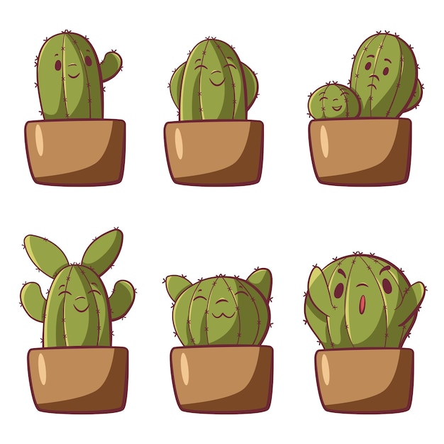 Conjunto de diseño de vectores de personajes de cactus emociones divertidas de cactus lindos para pegatinas de impresión de aplicaciones web
