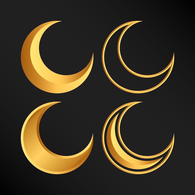 Conjunto de diseño vectorial de forma de luna de media luna dorada
