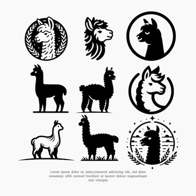 conjunto de diseño vectorial de logotipo de silueta de alpaca