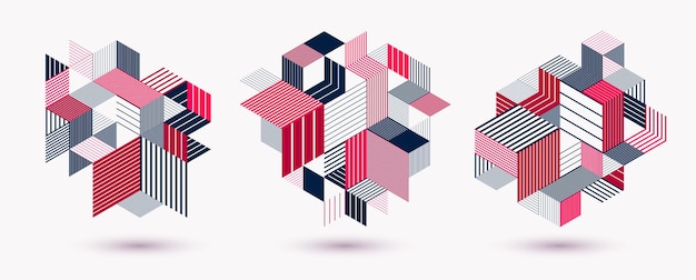 Conjunto de diseños abstractos de vectores poligonales bajos, fondos artísticos de estilo retro para anuncios o impresiones, portadas o carteles, pancartas o tarjetas. Triángulos 3D lineales y elementos de cubos.