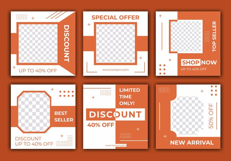 Vector conjunto de diseños de alimentación de redes sociales inserte sus fotos y texto cree su sontent único patrón abstracto con color naranja claro y blanco ilustración vectorial para aplicaciones de redes sociales
