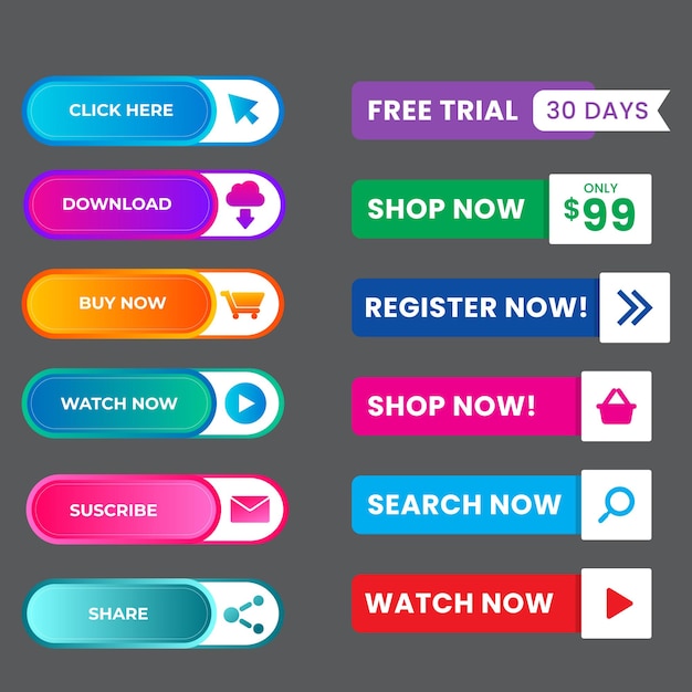 Conjunto de diseños de botones de íconos de Leer más Pack de botones coloridos de leer más para anuncios de sitios web UI y proyección