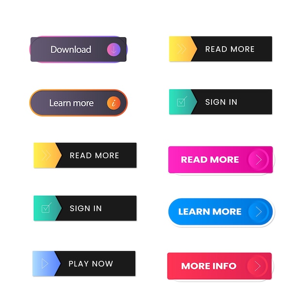 Conjunto de diseños de botones de íconos de Leer más Pack de botones coloridos de leer más para anuncios de sitios web UI y proyección