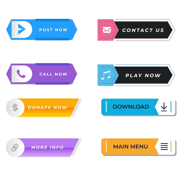 Conjunto de diseños de botones de íconos de Leer más Pack de botones coloridos de leer más para anuncios de sitios web UI y proyección