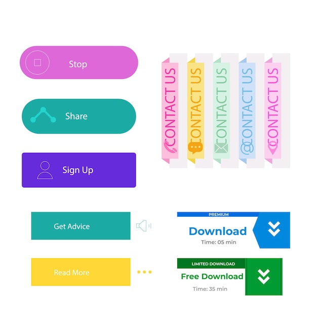 Conjunto de diseños de botones de íconos de Leer más Pack de botones coloridos de leer más para anuncios de sitios web UI y proyección