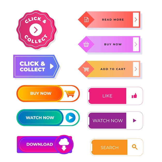 Conjunto de diseños de botones de íconos de Leer más Pack de botones coloridos de leer más para anuncios de sitios web UI y proyección