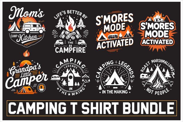 Conjunto de diseños de camisetas para acampar