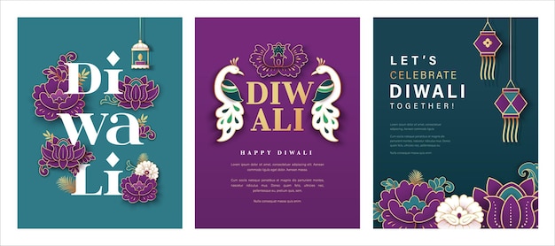 Conjunto de diseños de carteles del festival de Diwali con luces de pavo real y flores de fondo