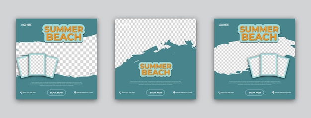 conjunto de diseños de carteles de Travel Summer Beach con colores azul y amarillo de verano Plantilla editable