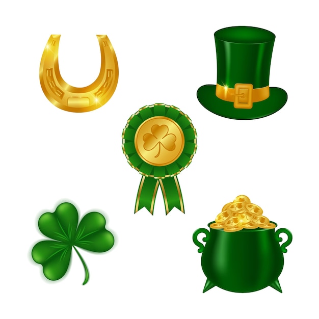 Vector conjunto de diseños para el día de san patricio. sombrero de duende. trébol, herradura, olla de oro, premio de cinta