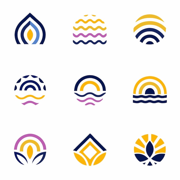 un conjunto de diseños de diferentes colores con un diseño azul y púrpura
